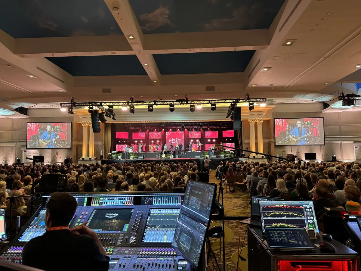 Orange Thread LIVE audio console at front of house in a Gaylord Opryland ballroom with a full audience