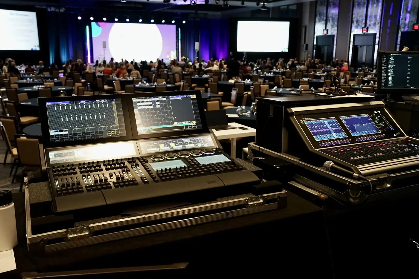 Front-of-house audio and lighting consoles in a JW Marriott Nashville ballroom