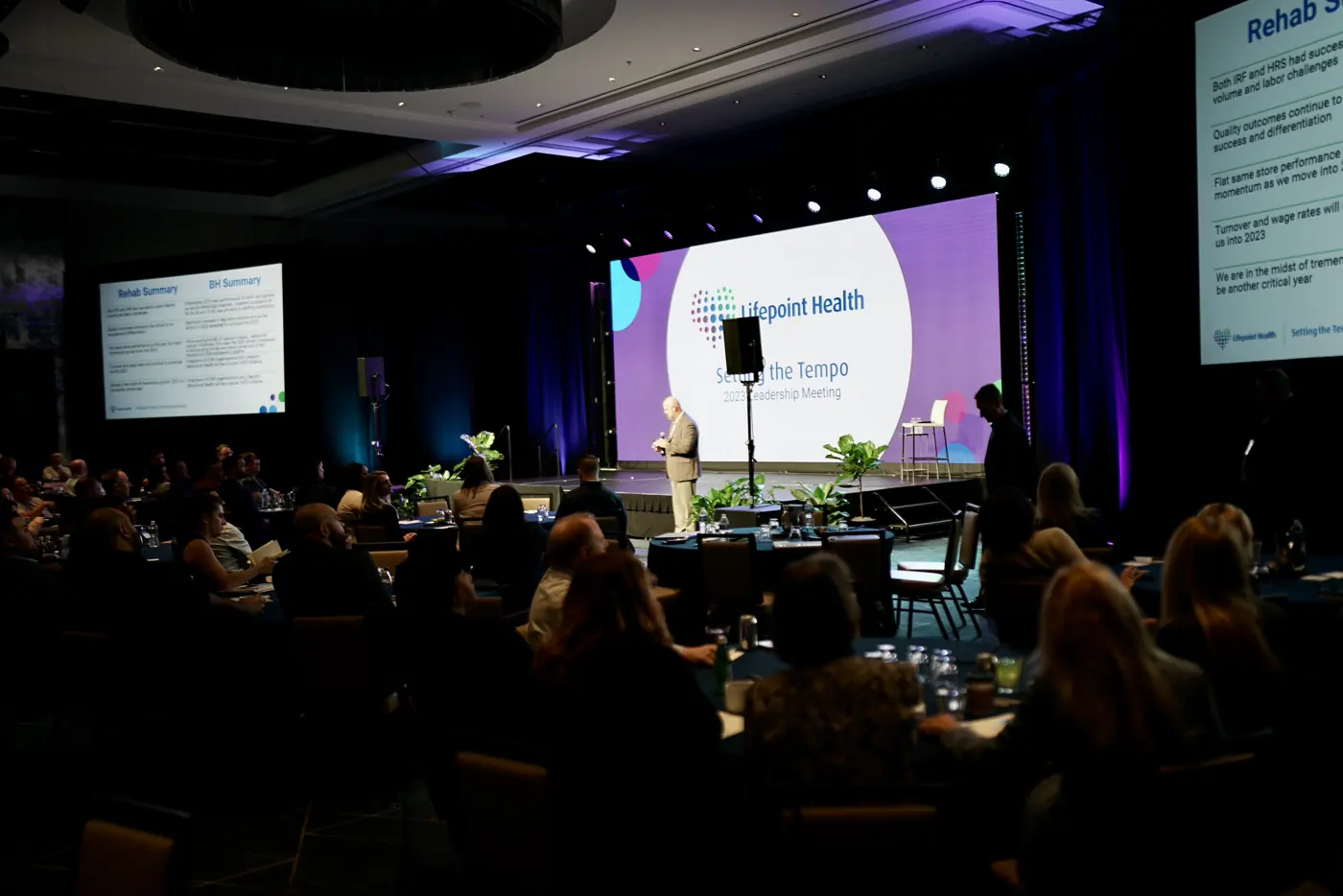 Stage with large screens and audience at a JW Marriott Nashville leadership meeting