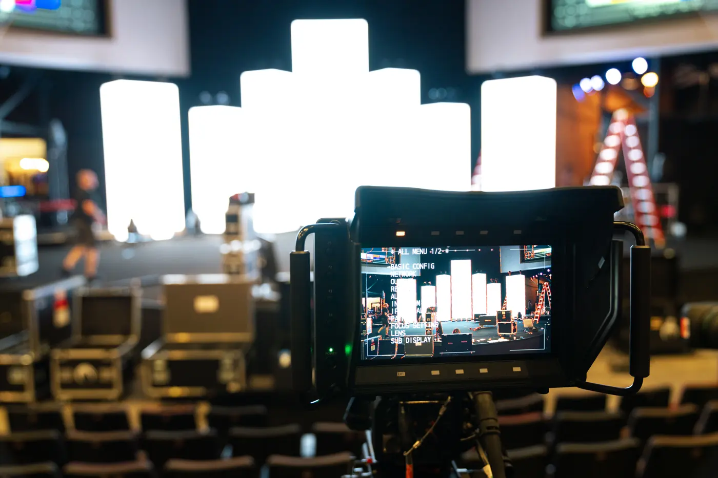 Camera monitor showing LED columns while the crew checks the wall before the show