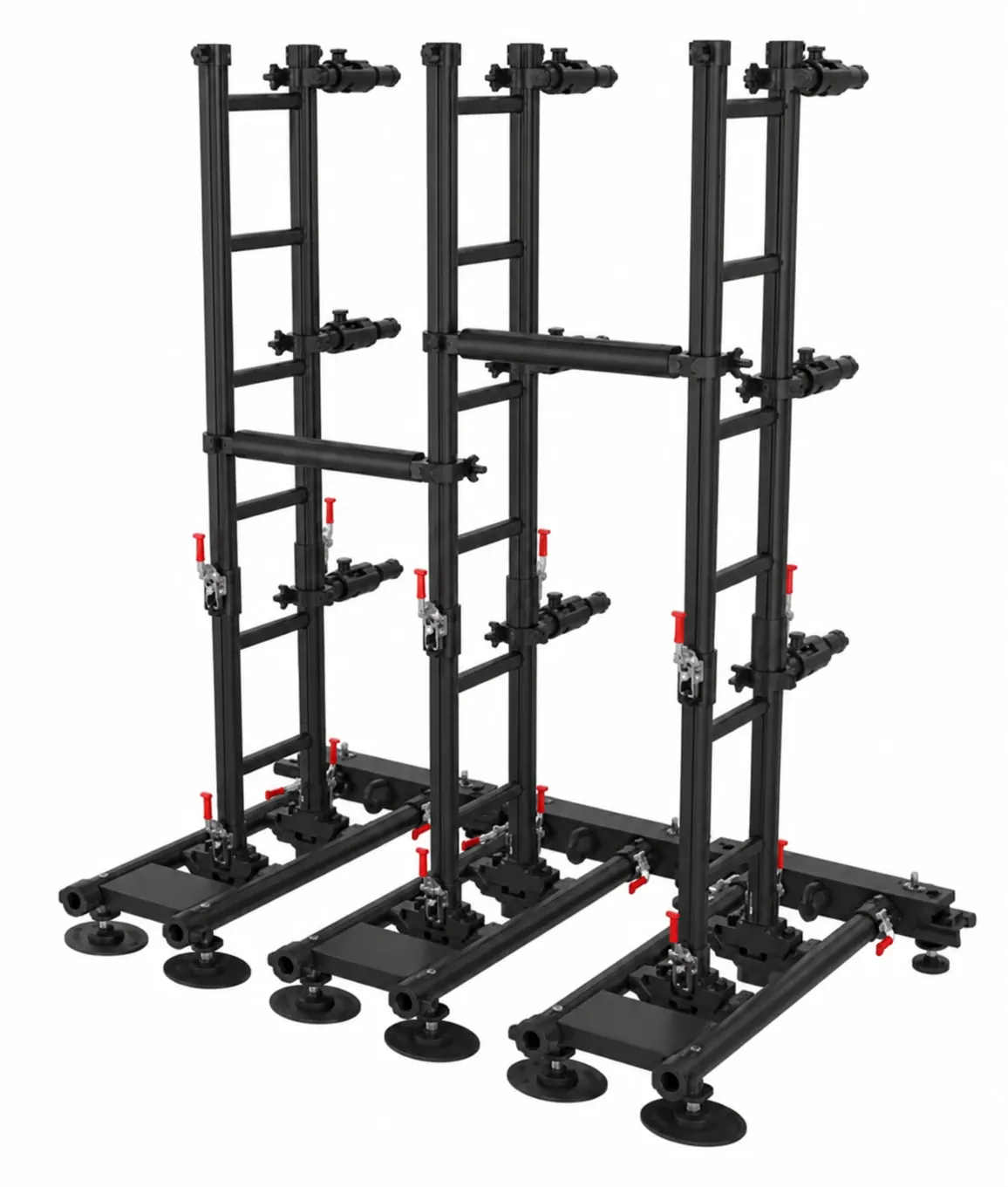 Rendering of black ground support frames with adjustable feet used to stack an LED wall
