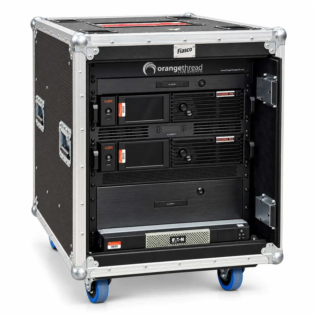 Rendering of an Orange Thread LIVE LED processing rack in a road case with two video processors and a battery backup