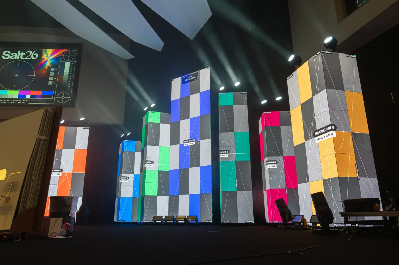 Color-coded test pattern showing the tile layout of LED columns on a stage