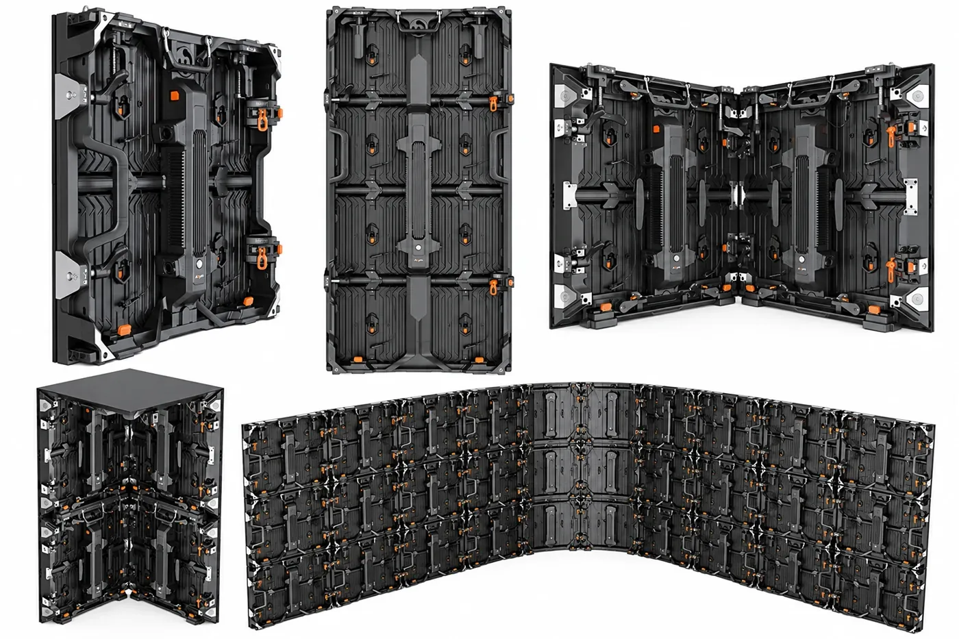 Rendering of LED tile rears: a single tile, a full tile, a 90-degree corner pair, and a curved wall assembly