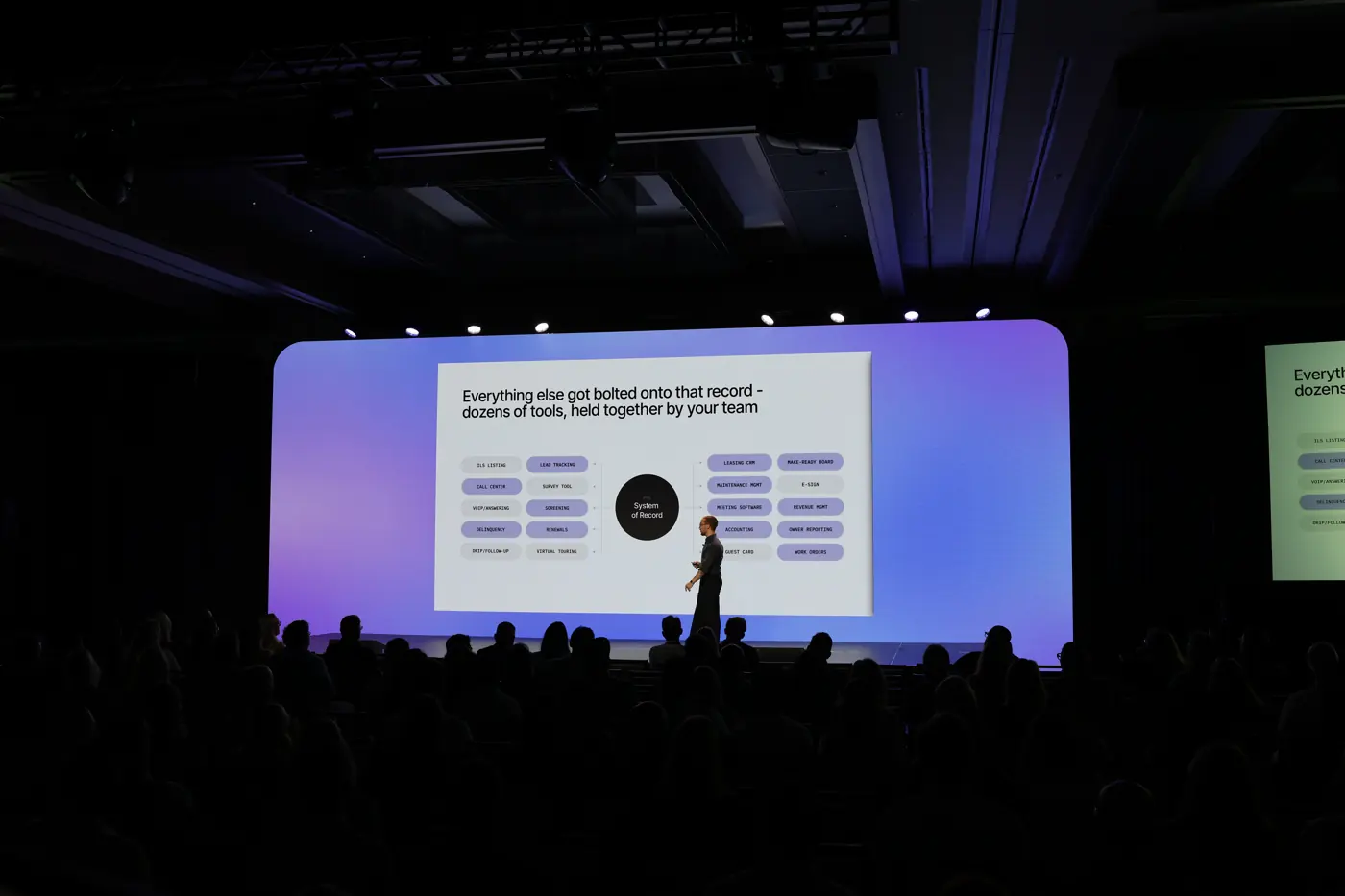 LED wall with rounded corners behind a presenter on a keynote stage