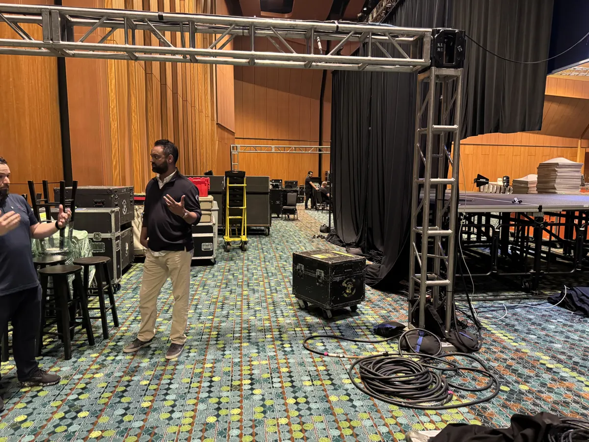 Orange Thread LIVE crew with truss and cable during Music City Center load-in